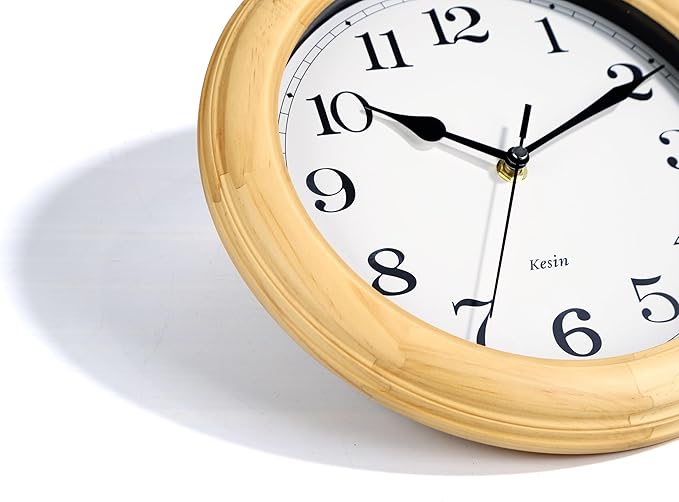 Kesin Wooden Wall Clocks 14 Inch Silent Wall Clock Large Decorative Battery Operated Non Ticking Analog Modern Clock for Living Room Kitchen Bedroom, Natural Grain