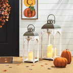 Glitzhome Set of 2 Mondern Farmhouse Wood Metal Lanterns Decorative Candle Lanterns, White (No Glass)