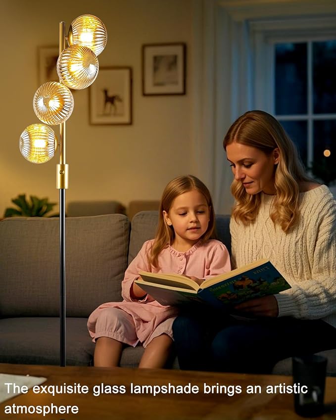 Lightdot 64IN Dimmable Floor Lamp with Glass Globe Shade, Modern Gold &Black Standing Lamps with 4PCS 3000K G9 Bulbs Soft Warm White Eye Care, Mid Century Floor Lamp for Living Room Bedroom