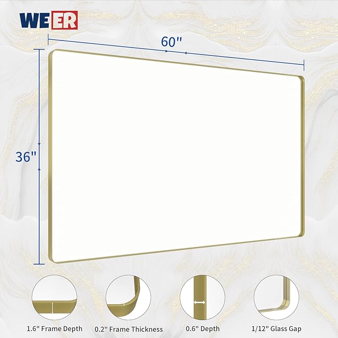WEER Gold Bathroom Mirror, 60X36 Inch Brushed Gold Metal Frame Mirror, Rounded Rectangle Gold Bathroom Vanity Mirror for Wall, Tempered Glass, Anti-Rust, Hangs Horizontally or Vertically