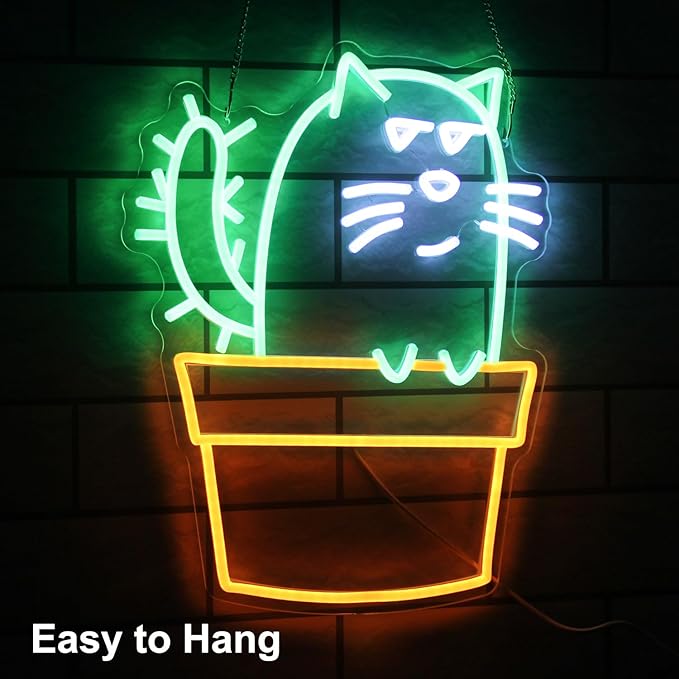 Cactus Cat Neon Sign Funny Animal LED Signs for Wall Novel Potted Plant Neon Light Dimmable Cartoon Neon Lights Signs for Bedroom Man Cave Porch Party Decor USB Powered