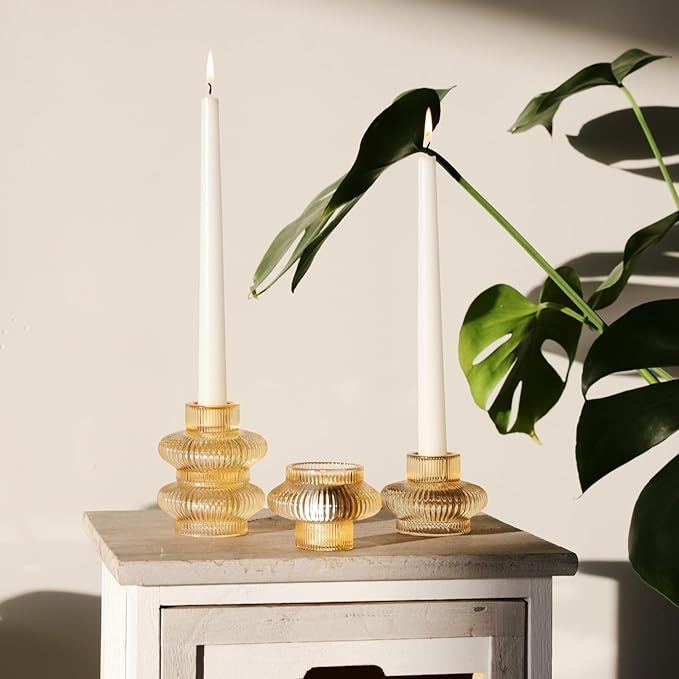 VOHO 12pcs Champagne Gold Candlestick Holders for Fall Table Centerpieces, Gold Candle Holders for Tealight Taper Candles, Vintage Ribbed Taper Candle Holders for Thanksgiving Christmas Holiday Decor