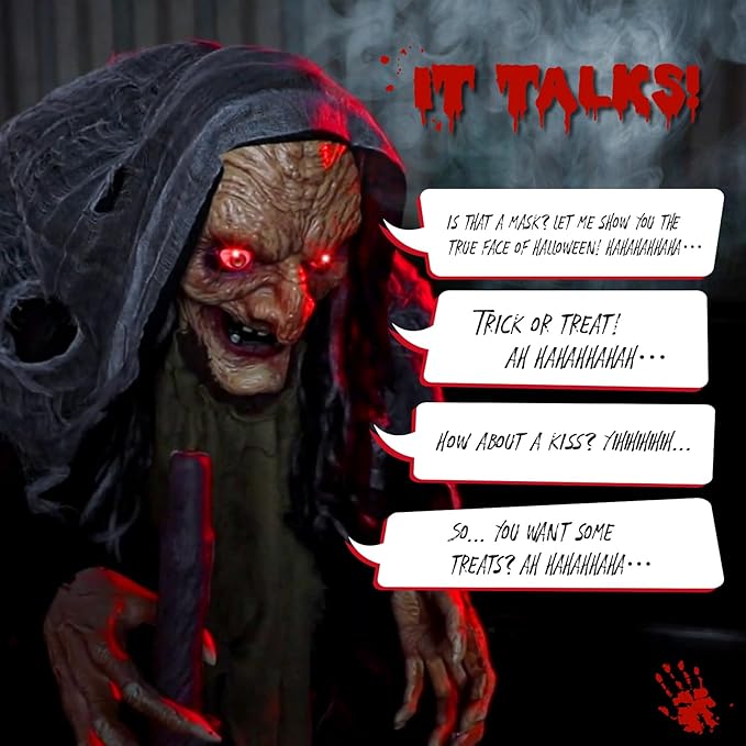 AW Animated Halloween Decorations,Scary Witch with Crutch,5.3FT Life Size Standing Clown,Motion/Sound Activated LED Eyes Creepy Sound,Haunted House Props Party Outdoor Indoor Lawn Yard Patio 2025