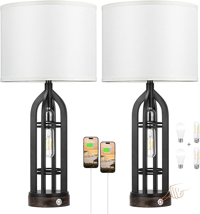 Seealle Table Lamp for Living Room Set of 2 - Bedside Lamp for Bedroom with USB C+A & Outlet, Farmhouse Lamps for Night Stands, 3-Way Dimmable Touch Lamps for Living Room with White Shade