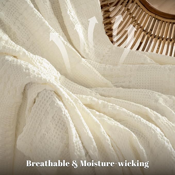 PHF 100% Cotton Waffle Weave Throw Blanket, Soft Lightweight Breathable Cozy Summer Throws for Couch Bed Sofa, Luxury Aesthetic Woven Blanket for Home Decor & Office, 50"x60", Cannoli Cream