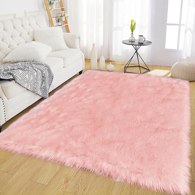 Latepis 5x7 Pink Fluffy Rug for Living Room Faux Sheepskin Fur Rugs Washable Area Rug Bedroom Shaggy Rugs for Sofa Floor for Grils Dorm Room Décor Pink Room Accessories