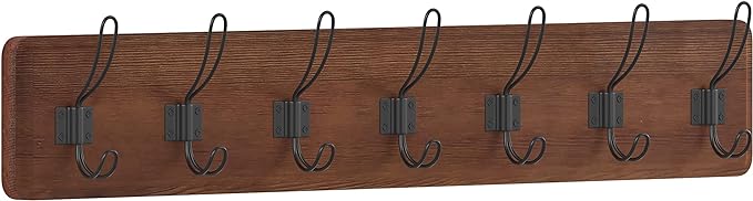 HBCY Creations Rustic Brown Solid Wood Wall Mounted Coat Rack with Shelf, 7 Hooks, 34" Long - Kitchen, Mudroom, Entryway, Bathroom - Includes Mounting Hardware, Coat Hanger, Dog Leash Hooks