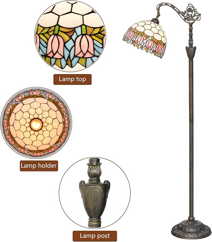 Tiffany Floor Lamp Pink Tulip Stained Glass Gooseneck Floor Light 63 inches Handcrafted Tiffany Style Standing Lamp with Angle Adjustable Lampshade for Reading Working Home Decoration