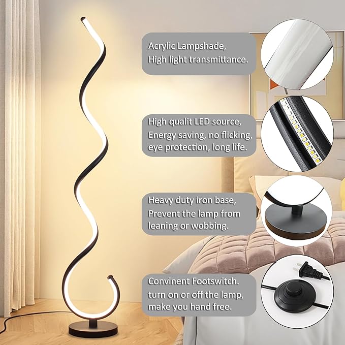 Spiral LED Floor Lamp, 40W Dimmable Modern Floor Lamps for Living Room with Remote Control, Stepless Adjustable Colors & Brightness Standing Lamp Reading Corner Floor Lamp for Bedroom - Black