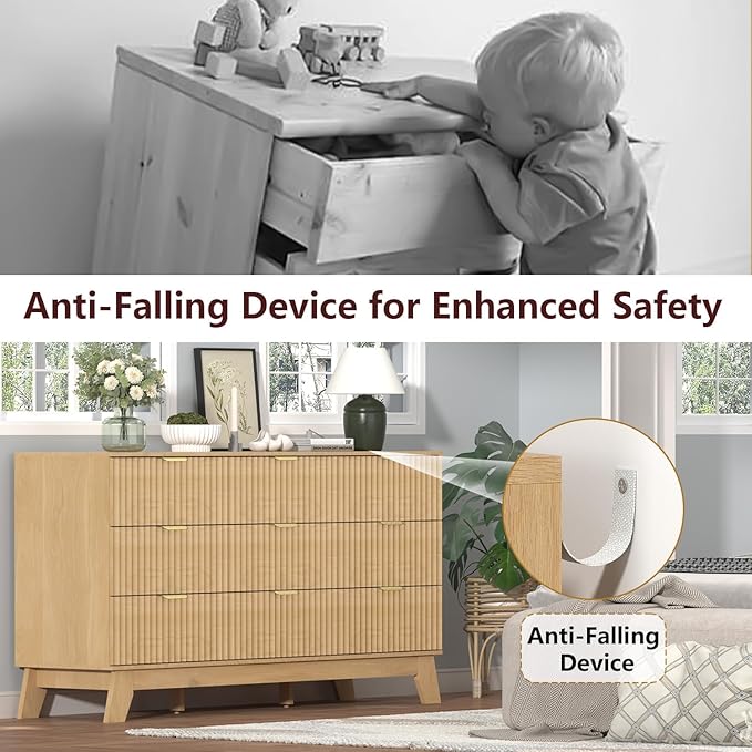 Fluted Dresser for Bedroom,9 Drawer Dresser for Closet,57" Wide Storage Cabinet and Chest of Drawers with Gold Handle,TV Stand,Storage Organizer for Living Room,Hallway,Entryway,Natural Oak