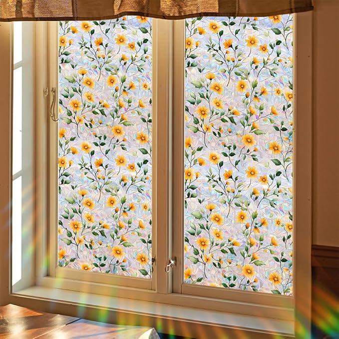 Window Film, Decorative Rainbow Yellow Flowers Stained Static Glass Window Clings Stickers for Home Office Living Room Bedroom Glass Windows Door Decor 17.72 x 39.37 Inches