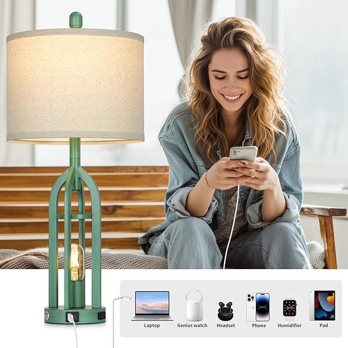 27" Tall Coastal Lamp,Retro-Green Vintage Bedside Nightstand Lamps with USB C+A & AC Outlet,3-Way Dimmable Touch Control Table Lamps for Bedroom Living Room with Night Light,Single Green