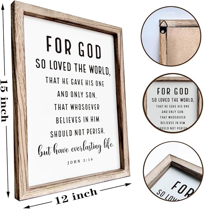Christian Wooden Sign, Living Room Decors, Bible Verse Decor, Rustic Home Decor, Religious Artwork for Wall, Framed Wall Plaque Sign 15 * 11.5 inches, For God So Loved the World