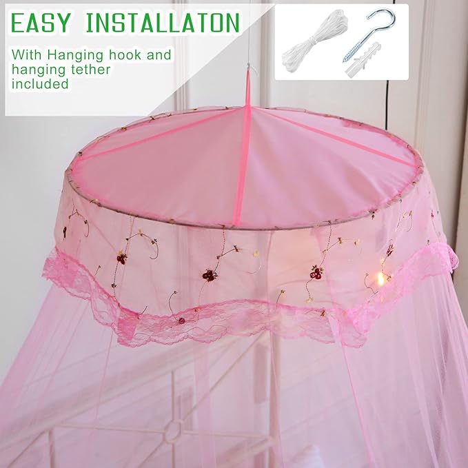 VISATOR Mosquito Net Bed Canopy for Girls,King Canopy Bed Curtains Queen Size from Ceiling,Dome Mosquito Netting Bed Tent Twin Girls Canopy Bed Decor for Baby Crib,Kid Bed and Adult Beds (Pink-Dome)