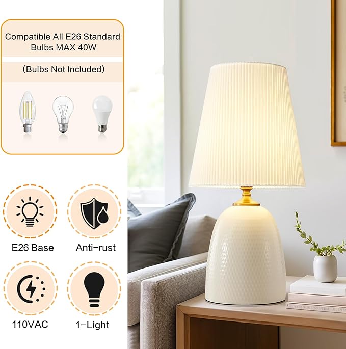 Modern Textured Ceramic Table Lamps 22.75In, White Table Lamp Decor for Living Room Bedroom Bedside End Desk Tables Lamp