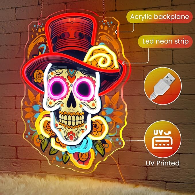 Day of the Dead Neon Sign - Mexican Sugar Skull LED Neon Light for Home & Bar Decor,UV Printed Art with Flexible LED Strip,Halloween & Día de Muertos Party Decoration (Red）