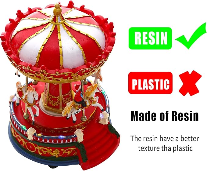 Christmas Carousel Figurines Decoration Christmas Village House Musical Carousel with 6 Moving Horses Go Round, 8 Pieces of Music Snow Globe, Music Box for Girl and Boy Kids