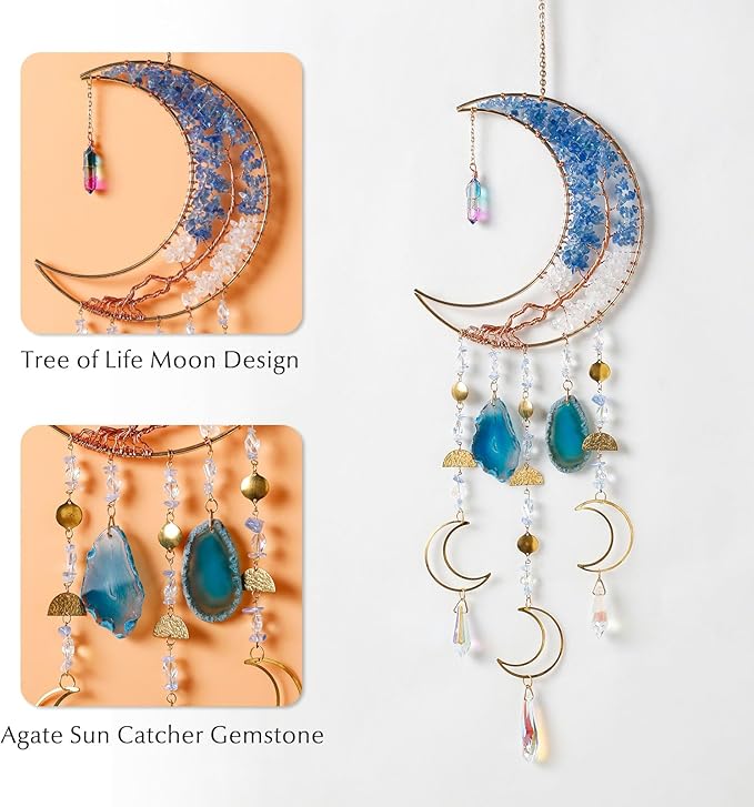 Agate Gemstone Dream Catcher 7 Chakra Tree of Life Dream Catcher with Crystal Stones Handmade Dreamcatcher Wall Decor for Adults Boys Girls,Bedroom,Wedding,Garden,Bless Gift(Blue Moon with Pendant)