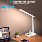 Smart Desk Lamp with 4-in-1 Charging Station (2 AC outlets, Type-C, USB-A Ports), 5 Color temperatures and 5 Brightness Levels, Adjustable gooseneck arm, Eye-Friendly Lighting for desks, bedrooms