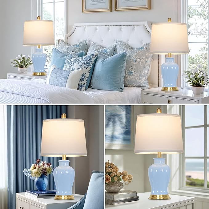 23" Modern Blue Ceramic Table Lamps Set of 2, Coastal Ceramic Lamps for Living Room, Classic Bedside Lamp with Ginger Jar Design, Elegant Bedroom Lamp for Night stand Desk Side End Table Home Decor