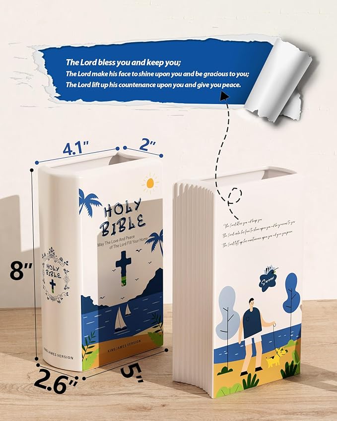 Bible Blessings Summer Flower Vase - Modern Ceramic Book-Shaped Vase for Flowers - Christian Desk Decor for Prayer Room, Dining Table, Coffee Table, Entryway Console, Religious Gifts(Blue Summer, XL)