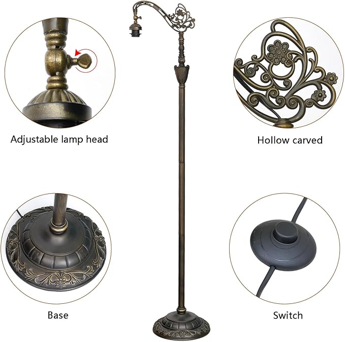 Tiffany Floor Lamp with Angle Adjustable Stained Glass Lampshade Rustic Style Gooseneck Reading Floor Light Tiffany Style Standing Corner Light 63 inches for Home Living Room Bedroom