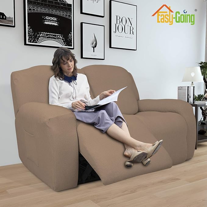 Easy-Going 6 Pieces Recliner Loveseat Stretch Sofa Slipcover Sofa Cover Furniture Protector Couch Soft with Elastic Bottom Kids, Spandex Jacquard Fabric Small Checks Camel