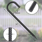 16 Inch Rebar Ground Stakes 24 Pack Heavy Duty J Hook Ground Anchors 3/8 Inch Diameter Steel Rebar Tent Stakes with Chisel Point End for Chain Link Fence, Canopy and Trampoline, Black