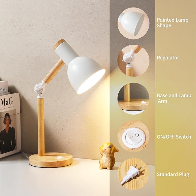 Small Wooden Desk Lamp,Adjustable tri-Color Kids Table Lamp,Desk Lamp for Home Office,Bedside lamp,Dorm lamp(White)