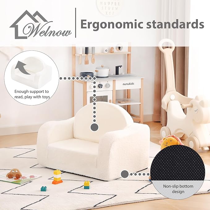 Welnow 2-in-1 Kids Sofa Chair, Convertible Toddler Chair Flip Out Children Sofa Chair with Wave Armrests Folding Kids Play Sofa with Side Pockets & Removable Cover Armchair for Girl or Boy