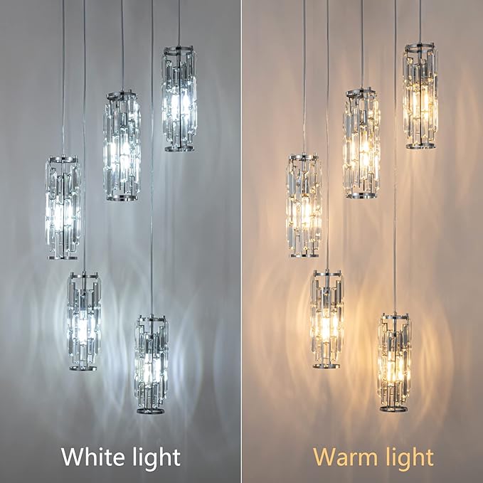 LMQNINE Pendant Light, Chrome Modern Pendant Light Fixtures, Mini Crystal Chandeliers, Adjustable 5-Light Pendant Lighting for Kitchen Island Dinning Room Bedroom (Chrome 5-Light)