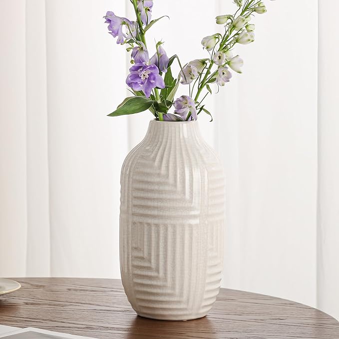 hjn White Ceramic Vase for Home Decor - Modern Vases for Living Room/Bookshelf/Mantel - 10.6" H