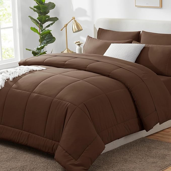 CozyLux King Size Comforter Set Brown, 7 Pieces Bed in a Bag, Brown Comforter King Size, All Season Bedding Sets with Stitch Quilted Comforter, Flat Sheet, Fitted Sheet, Pillowcases