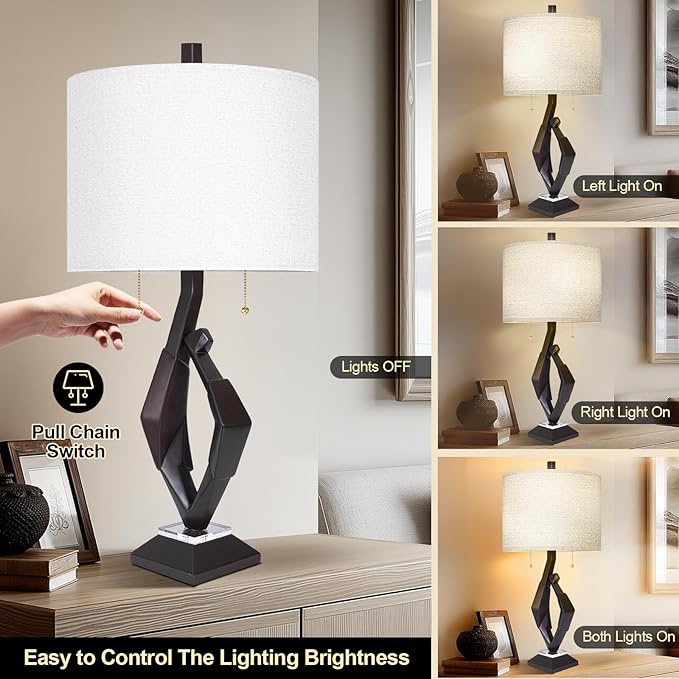 Scenekoy Sculptural Resin Table Lamp Set of 2 with USB Ports for Bedroom Living Room, 26” Black-Brown Dual Pull Chains Bedside Lamps, Nightstand Lamp for Home Room Decor (Bulbs Included)