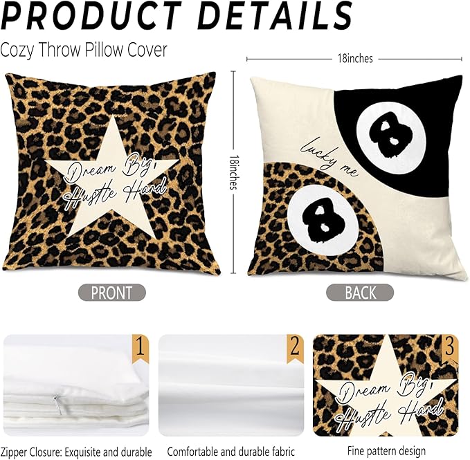 Leopard Star Lucky 8 Ball Inspirational Throw Pillow Covers 18x18, Cheetah Print Room Decor, Trendy Funky Y2K Leopard Print Decorative Pillow Covers for Girls Room Dorm Apartment Home
