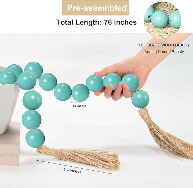 OMISHE 76" Long Extra Large Wood Bead Garland Aqua Teal with 1.6" Diameter Wooden Beads and Tassels, Rustic Farmhouse Country Decorative Beads for Home Decor, Aqua Teal