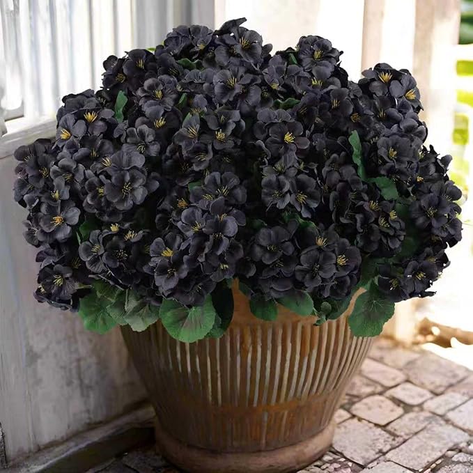 Hananona 12 Pcs Artificial Geranium Flowers for Outdoors Geranium Silk Flowers Outdoor UV Resistant Garden Plants Faux Black Flower for Home Kitchen Halloween Table Centerpieces Decor (12, Black)