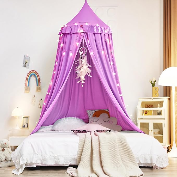 Kertnic Decor Canopy for Kids Bed, Soft Smooth Playing Tent Canopy Girls Room Decoration Princess Castle, Dreamy Mosquito Net Bedding, Children Reading Nook Canopies in Home (Purple)