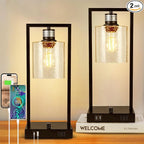 16" Set of 2 Industrial Table Lamps with USB A+C Charging Ports and AC Outlet, Fully Stepless Dimmable Bedside Lamps with Seeded Glass Shade for Bedroom Living Room Office, LED Bulbs Included