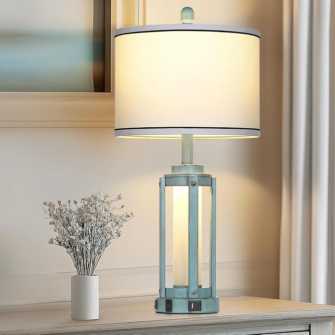 Industrial Farmhouse Table Lamp, 26" Vintage Rustic Beside Lamp with USB A+C Charging Ports & AC Outlet, Nightstand Metal Lamp with LED Night Light & Fabric Shade for Living Room Bedrooms Blue