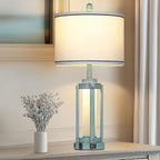 Industrial Farmhouse Table Lamp, 26" Vintage Rustic Beside Lamp with USB A+C Charging Ports & AC Outlet, Nightstand Metal Lamp with LED Night Light & Fabric Shade for Living Room Bedrooms Blue