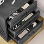 HOMMPA 24'' Farmhouse Nightstand with Charging Station, Bedside Tables with Storage, Side Table with USB Port, 3 Drawers End Table Dresser, Wood Night Stand for Bedroom, Living Room, Black