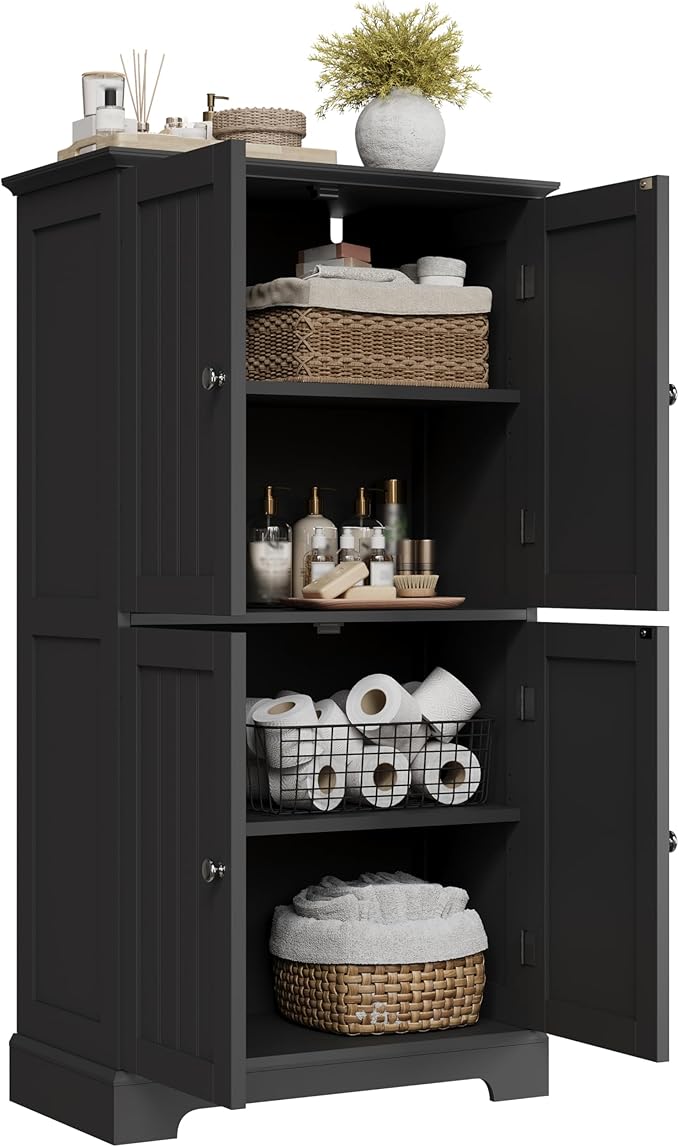 ChooChoo Bathroom Floor Cabinet, Modern Bathroom Storage Cabinet with 4 Doors and Adjustable Shelves, Freestanding Cupboard for Living Room, Black