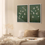 SIGNFORD Framed Canvas Print Wall Art Set Flight of Cranes Elegant Birds in Soft Green Hues Illustration Modern Art Decorative Nordic Nature for Living Room, Bedroom, Office - 24"x36"x2 White