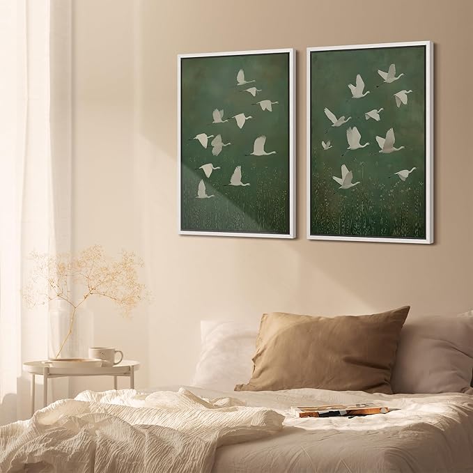 SIGNFORD Framed Canvas Print Wall Art Set Flight of Cranes Elegant Birds in Soft Green Hues Illustration Modern Art Decorative Nordic Nature for Living Room, Bedroom, Office - 16"x24"x2 White