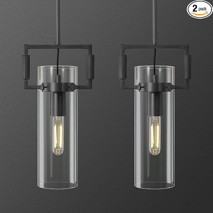 Black Pendant Lights Kitchen Island 2 pack,Modern Glass Knurled Pendant Light,12Inch Copper Kitchen Pendant Lighting Over Island,Farmhouse Island Lights for Kitchen Sink,Bathroom,Bedroom,Dinning Table