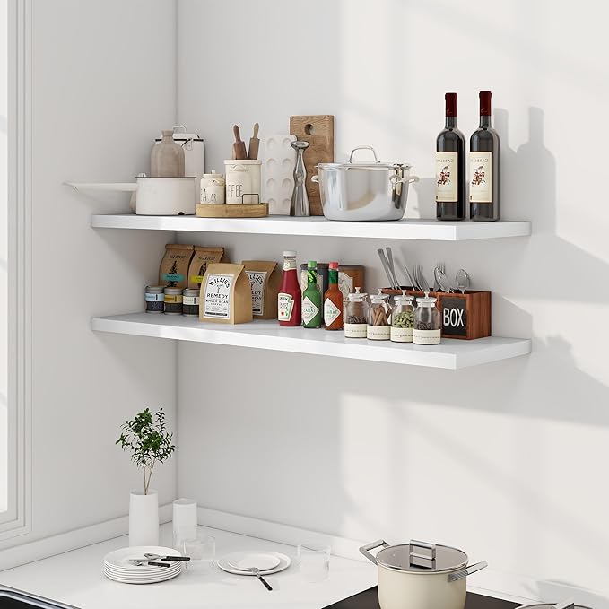 Dreamland 48" Floating Shelves for Wall, 12" Deep Slim White Floating Shelves, Wall-Mounted Shelves for Bedroom, Living Room, Kitchen, Bathroom - Set of 2