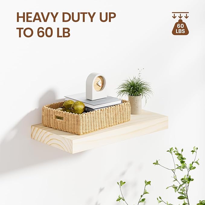 Heimlove Wood Floating Shelves for Wall,2 Packs 16 inches Natural Pine Solid Wood Bathroom Shelf Over Toilet Decor and Storage 8 inches Deep for Kitchen Bedroom Office & Living Room Wall Decor