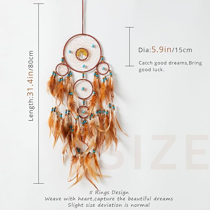 Pretty Jolly Brown Feather Dream Catchers Wall Decor with Chakras Tree of Life Crystal Stone Ornament Handmade Dreamcatchers for Adult Boys Girls Bedroom Dorm Party Birthday Blessing Gift-5Rings