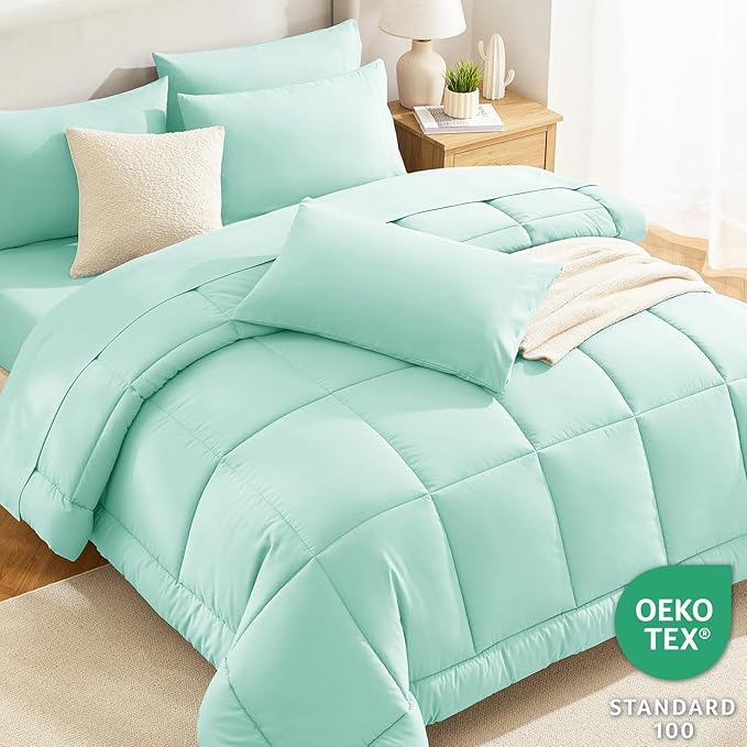 CozyLux Full Size Comforter Sets Mint Green, 7 Pieces Bed in a Bag, Green Comforter Full Size, All Season Bedding Sets with Stitch Quilted Comforter, Flat Sheet, Fitted Sheet, Pillowcases